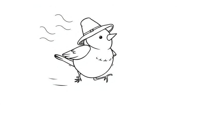 Disegno a mano libera in bianco e nero di un uccellino che cammina con un cappello, con linee curve di movimento sullo sfondo.