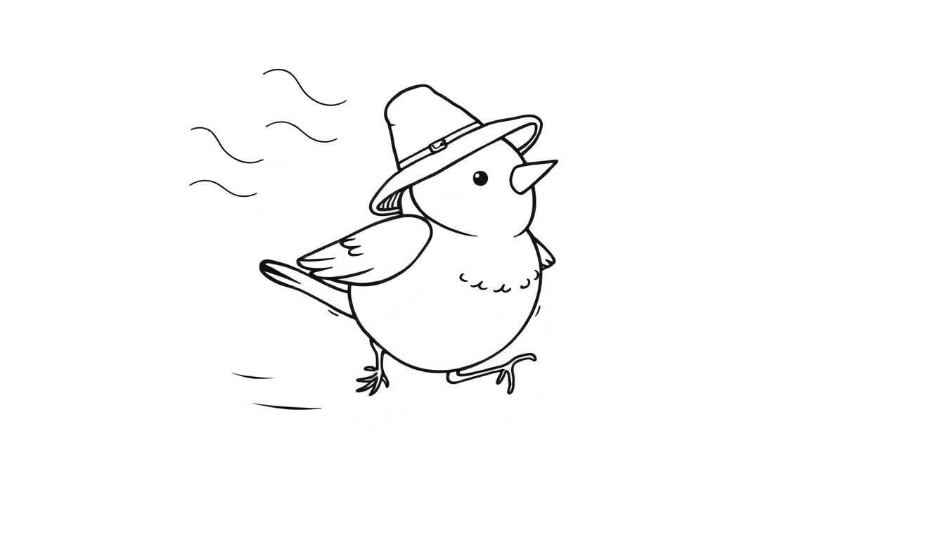 Disegno a mano libera in bianco e nero di un uccellino che cammina con un cappello, con linee curve di movimento sullo sfondo.