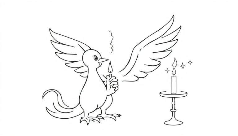 Disegno da colorare: un uccello con ali spiegate tiene una candela accesa, accanto a un candelabro con candela e stelline.