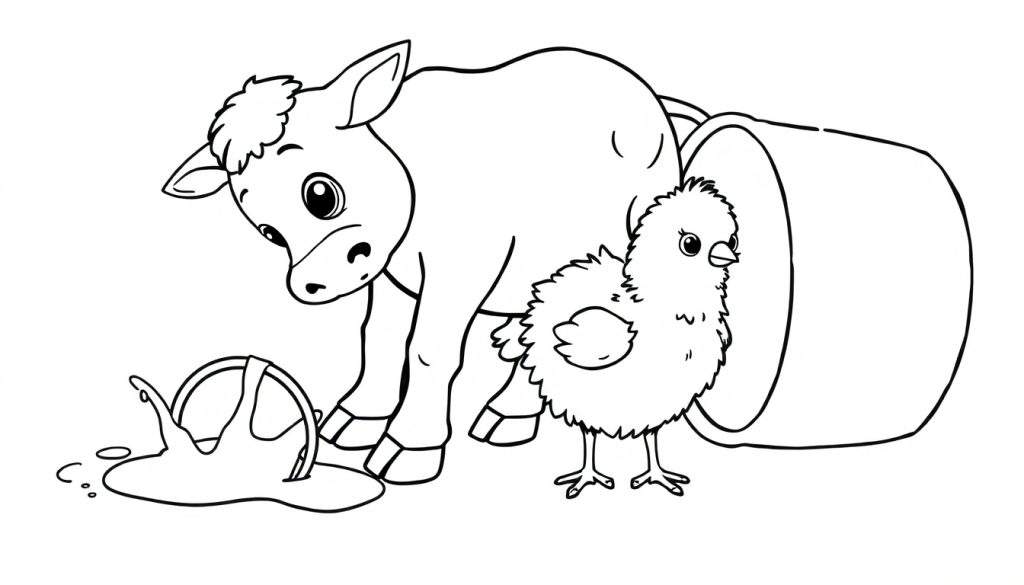 Disegno da colorare di un vitellino e un pulcino con una pozza e un secchio.