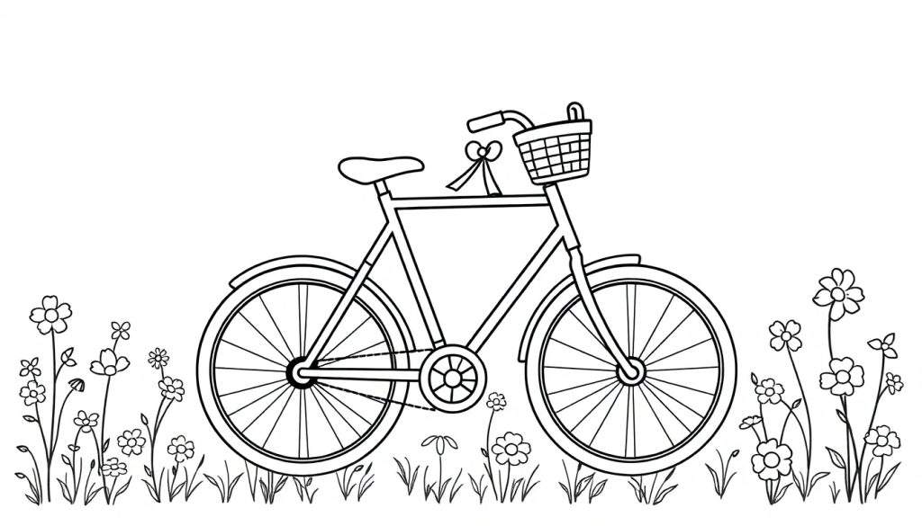 Pagina da colorare in bianco e nero di una bicicletta classica con un cestino fiorito sul manubrio, circondata da fiori e erba.