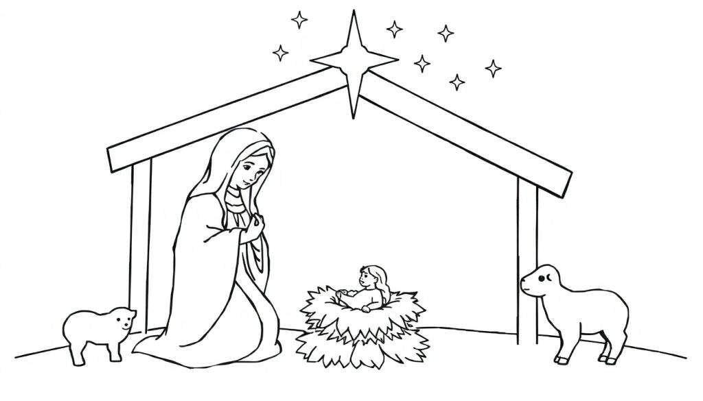 Pagina da colorare della Natività con contorni neri che mostrano Maria, Gesù Bambino nella mangiatoia, due pecore e la Stella di Betlemme.