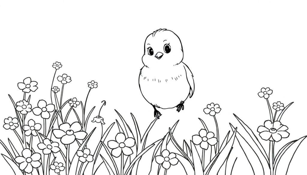 Pagina da colorare in bianco e nero di un simpatico pulcino in piedi in un campo fiorito.