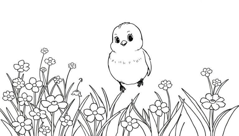 Pagina da colorare in bianco e nero di un simpatico pulcino in piedi in un campo fiorito.