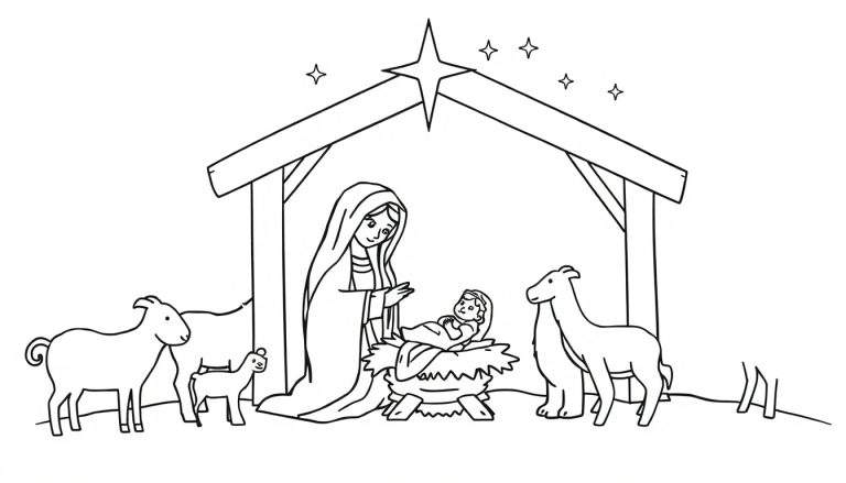 Pagina da colorare con la Natività: Maria inginocchiata accanto alla mangiatoia con Gesù Bambino, una capanna rustica, la Stella di Betlemme e animali come pecore e agnelli.