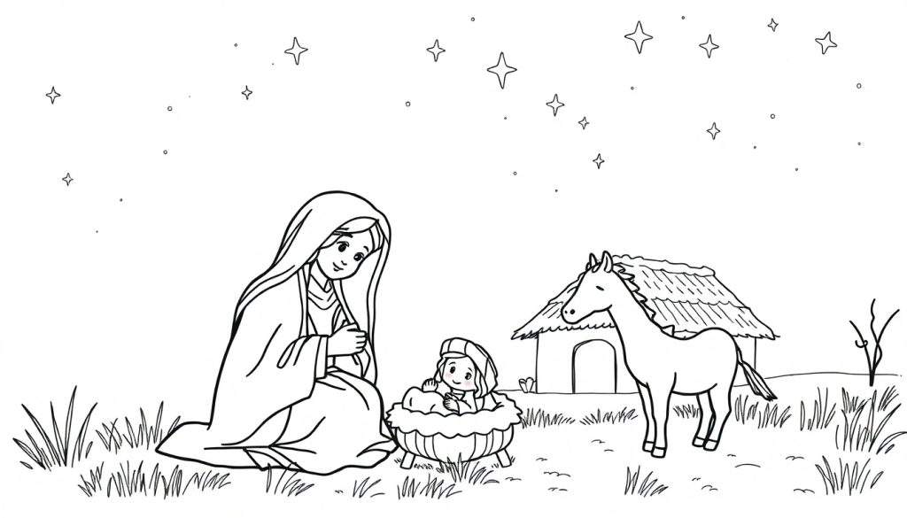 Disegno in bianco e nero di una scena della Natività per bambini da colorare, con la Vergine Maria, Gesù Bambino nella mangiatoia, un cavallo e una capanna sotto un cielo notturno stellato.