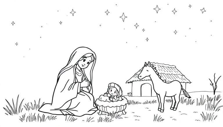 Disegno in bianco e nero di una scena della Natività per bambini da colorare, con la Vergine Maria, Gesù Bambino nella mangiatoia, un cavallo e una capanna sotto un cielo notturno stellato.