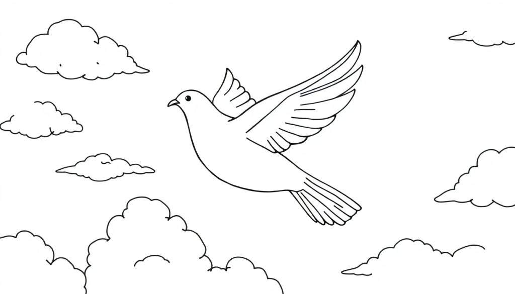 Pagina da colorare con un uccello stilizzato in volo tra nuvole, contorni semplici in bianco e nero.