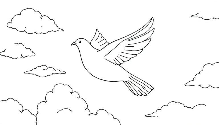 Pagina da colorare con un uccello stilizzato in volo tra nuvole, contorni semplici in bianco e nero.