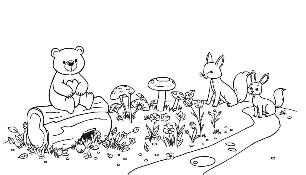 Pagina da colorare con disegnati un orsetto, una volpe, un coniglio, funghi, fiori e un tronco d'albero.