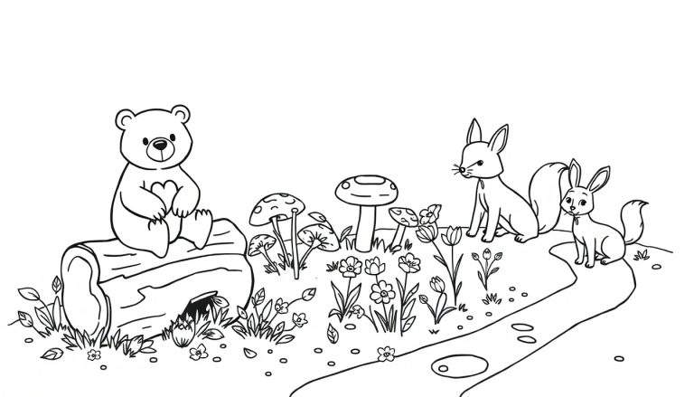 Pagina da colorare con disegnati un orsetto, una volpe, un coniglio, funghi, fiori e un tronco d'albero.