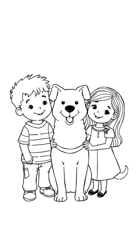 Un disegno a tratto di un bambino e una bambina che abbracciano un cane felice. I bambini sorridono mentre accarezzano il cane seduto con la lingua fuori.