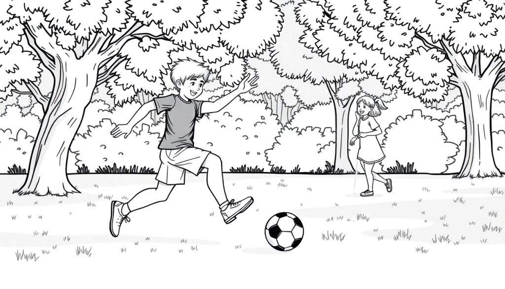 Pagina da colorare in bianco e nero di un ragazzo che corre per calciare un pallone da calcio in un parco con una bambina che lo guarda. Alberi e erba compongono lo sfondo.