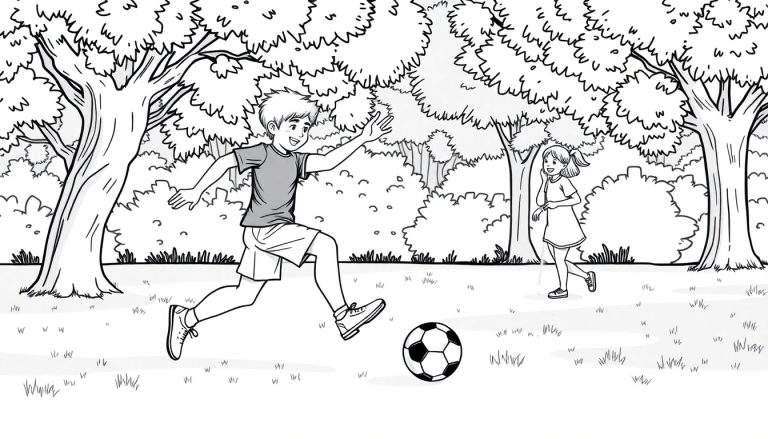 Pagina da colorare in bianco e nero di un ragazzo che corre per calciare un pallone da calcio in un parco con una bambina che lo guarda. Alberi e erba compongono lo sfondo.