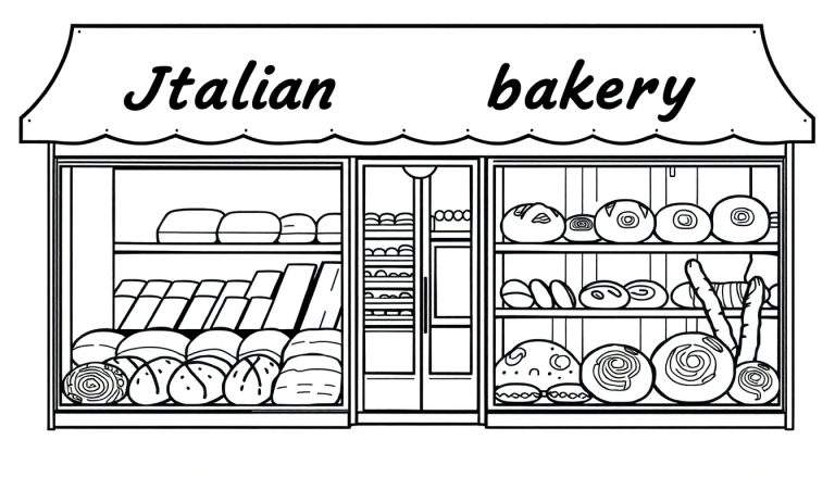 Illustrazione in bianco e nero di una panetteria italiana per pagina da colorare, con tenda, vetrina e prodotti da forno.