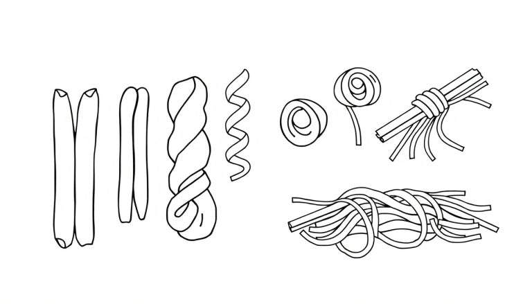 Disegno al tratto di diverse forme di pasta, come tagliatelle, fettuccine, fusilli, spaghetti e rosette, pronto per essere colorato.