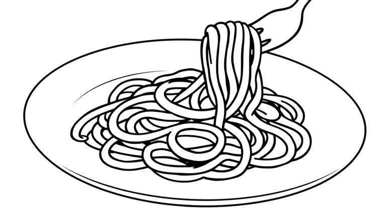 Disegno in bianco e nero di un piatto di spaghetti con una forchetta che solleva alcuni fili.