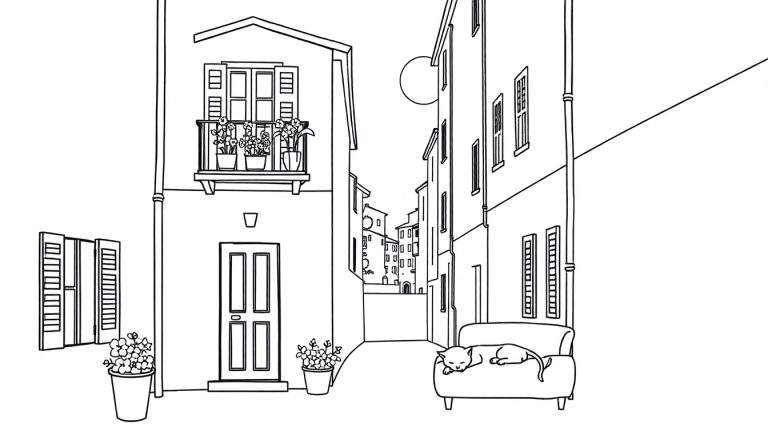 Pagina da colorare di un vicolo tranquillo di sera, con un gatto addormentato su un divano, edifici con finestre e persiane, e la luna alta nel cielo. Disegno a linee bianche e nere.