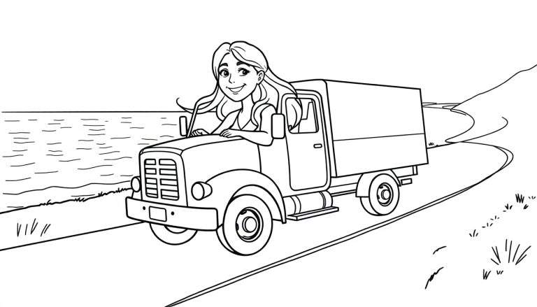 Disegno da colorare di una donna felice che guida un camion vicino all'acqua con una strada in salita sullo sfondo.
