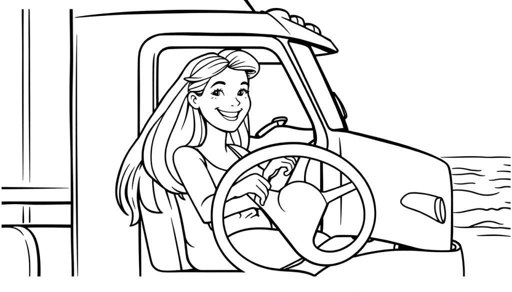 Disegno in bianco e nero di una donna sorridente con lunghi capelli che guida un camion, con un lago o il mare sullo sfondo.