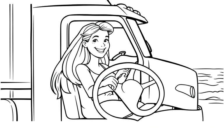 Disegno in bianco e nero di una donna sorridente con lunghi capelli che guida un camion, con un lago o il mare sullo sfondo.